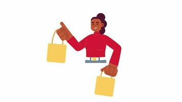 Animated happy shopper holding bags. Young woman after Black Friday animation. Isolated 2D cartoon flat character 4K video footage on white background with alpha channel transparency for web design