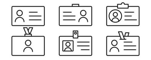 ID card in line. ID badge icon set. Identification card in outline. Pass card icon in line. Pass document in outline. Stock vector illustration