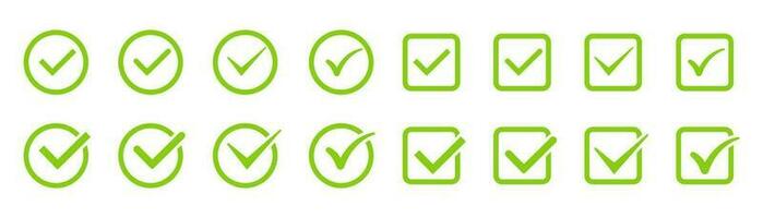 Green checkmark tick set. Correct tick symbol. Round and square checkmark tick. Correct sign icons. Approved symbol in green. Positive choice sign. Stock vector illustration