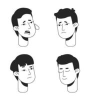 Men emotional problems flat line monochromatic vector character heads pack. Depression relief. Editable outline avatar icons. 2D cartoon line spot illustration set for web graphic design, animation