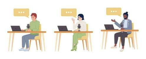 Podcasters with laptops sitting at tables semi flat color vector characters pack. Editable full body people on white. Simple cartoon style spot illustration set for web graphic design and animation