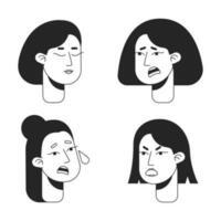 Women in distress flat line monochromatic vector character heads pack. Stress relief. Anxiety. Editable outline avatar icons. 2D cartoon line spot illustration set for web graphic design, animation