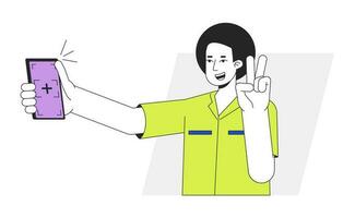 Guy with victory gesture posing for selfie flat line vector spot illustration. Afro man holds smartphone 2D cartoon outline character on white for web UI design. Editable isolated colorful hero image