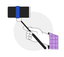 Holding selfie stick with smart phone closeup flat line vector spot illustration. Taking photo 2D cartoon outline first view hand on white for web UI design. Editable isolated colorful hero image