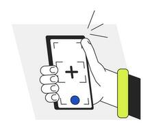 Taking selfie with smart phone camera flat line vector spot illustration. Auto focus on display 2D cartoon outline first view hand on white for web UI design. Editable isolated colorful hero image