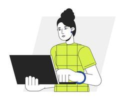 Woman using laptop in office flat line vector spot illustration. Female task manager typing on keyboard 2D cartoon outline character on white for web UI design. Editable isolated colorful hero image