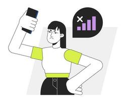 Phone user disconnected from network flat line vector spot illustration. Mad girl with phone problem 2D cartoon outline character on white for web UI design. Editable isolated colorful hero image