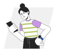 Irritated grumpy woman looking at phone flat line vector spot illustration. Girl clenching smartphone 2D cartoon outline character on white for web UI design. Editable isolated colorful hero image