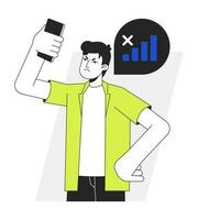 Gadget user having no phone signal flat line vector spot illustration. Frustrated man with phone problem 2D cartoon outline character on white for web UI design. Editable isolated colorful hero image