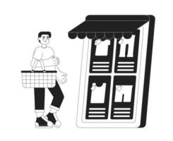 Visiting online clothing store monochrome concept vector spot illustration. Man with shopping basket. Editable 2D flat bw cartoon character for web UI design. E commerce business hand drawn hero image