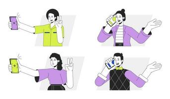 Using smart phone flat line vector spot illustration set. Taking selfie photo, making call 2D cartoon outline characters on white for web UI design. Gen Z editable isolated colorful hero image pack