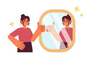 Mirror affirmations flat concept vector spot illustration. Woman with thumb up reflection in mirror 2D cartoon character on white for web UI design. Good job. Self love isolated editable hero image