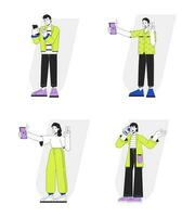 People using mobile devices flat line vector spot illustration set. Millennials taking selfie, call 2D cartoon outline characters on white for web UI design. Editable isolated colorful hero image pack