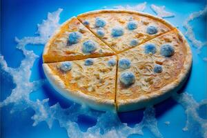 Absolutely frozen pizza, covered in ice and frost, shrouded in snow. illustration. photo