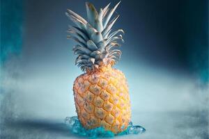 The ripe yellow pineapple is on blue ice. illustration. photo