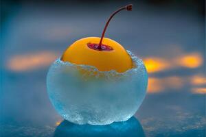 The yellow cherry berry is frozen and covered in ice. illustration. photo
