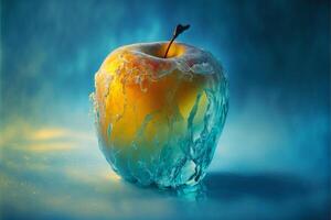 A yellow frozen apple covered in ice. illustration. photo