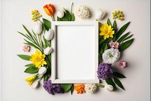 A photo frame with spring flowers around it. Flat lay, top view. illustration.