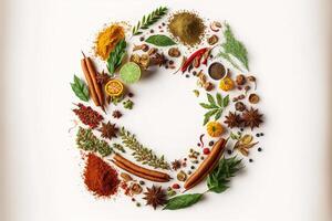 A wreath of delicious mulled wine herbs and spices on white background. illustration. photo