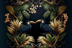 Illustration of a pair of cormorants on a tropical floral background. illustration. photo