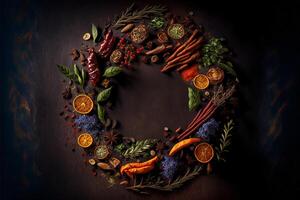 Wreath of dried spices and herbs on a wooden background. Top view with copy space. illustration. photo