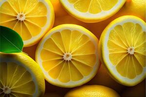 Lemon slices with leaves on a light background. Close-up view, illustration. photo