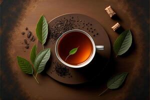 Cup of tea with green leaves, dried brew and gift teabags on brown table. illustration. photo