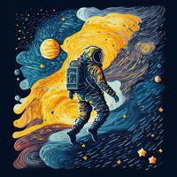 Astronaut floating in space. Bright, artistic, and picturesque illustration. Good for science, technology, perfect for wall art, home decor, and apparel. photo