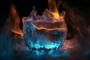 A bowl of melting ice enveloped in fire. illustration. photo