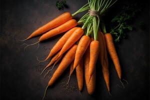 A Bunch of fresh carrots on a rustic background. Top view, illustration. photo