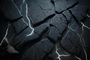 Abstract volumetric black rock texture with lightning and bright electric cracks. illustration. photo