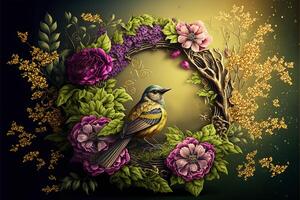 A wreath of spring flowers and a cute bird in the middle. illustration. photo