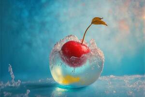 Frozen red cherry in a block of ice. illustration. photo