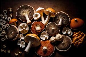 Various mushrooms on a dark wooden background, top view, close-up. illustration. photo