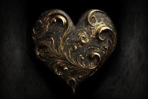 A heart made of black rock and golden swirl patterns on a dark background. illustration. photo