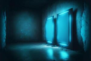 A dark room with a stone frame and glowing neon lights inside the border. illustration. photo