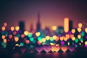 Bokeh glowing small love hearts looks like city lights. illustration. photo
