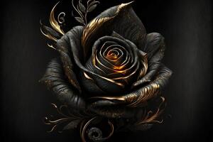 A rosebud made of dark stone with gold dust and glitter on a black background. illustration. photo