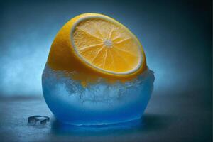 A frozen lemon covered in blue ice. illustration. photo