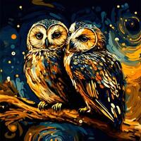 Loving owl couple cuddled on a branch in a starry forest night. Charming illustration perfect for sublimation, home decor, and wall art. photo