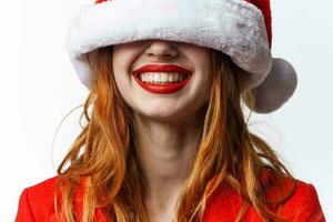 woman wearing santa costume fashion luxury posing holiday christmas photo