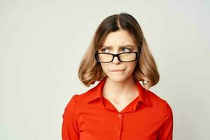 woman in red shirt work office manager photo