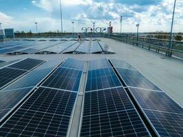 Close-up of Solar cell farm power plant eco technology. photo