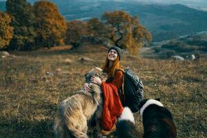 alegre mujer jugando con perro al aire libre montañas viaje vacaciones foto