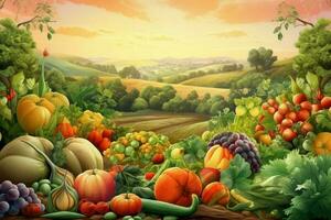 Fruits vegetable landscape nature. Generate Ai photo