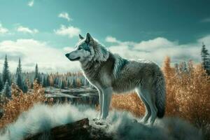 Northern landscape with wolf. Generate Ai photo