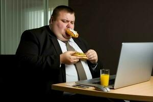 Fat businessman eating while work. Generate Ai photo