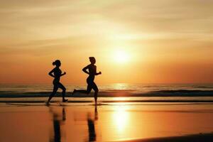 Two runners on beach. Generate Ai photo