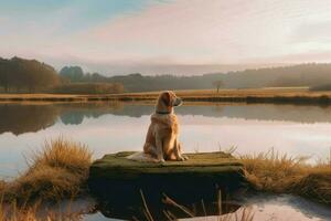 perro sentar cerca río. generar ai foto