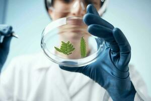 Woman in white coat biology laboratory research science photo